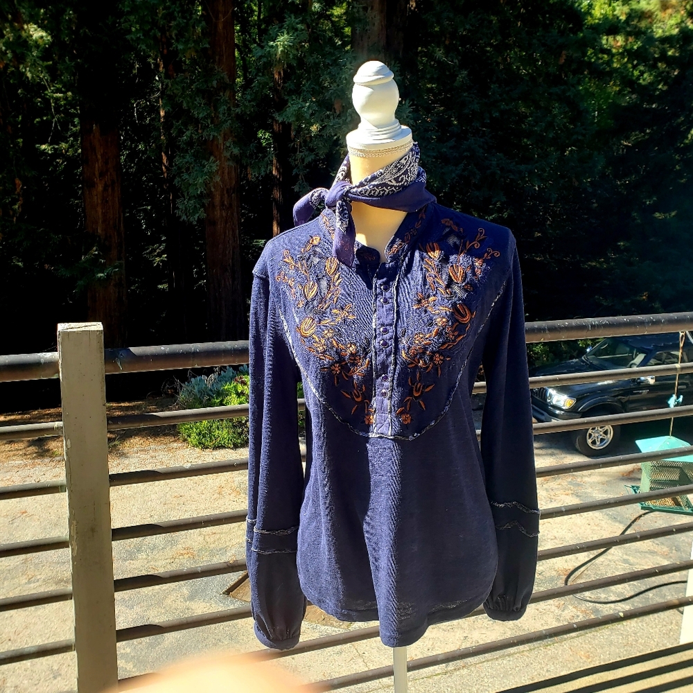 Free People Navy Blue Embroidered Top